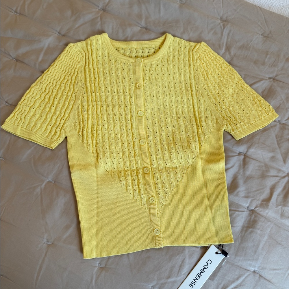 Commense Sunny Yellow Short Sleeve Knit Button-Down Top - Picture 5 of 6
